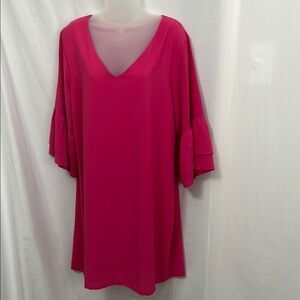 Belongsci Womens Vibrant Pink V-Neck Shift Dress with Ruffle Sleeves Size XL